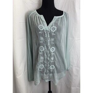 Amanda Blu XL Mint Green Embroidered Floral Boho Pleasant Blouse Sheer Top